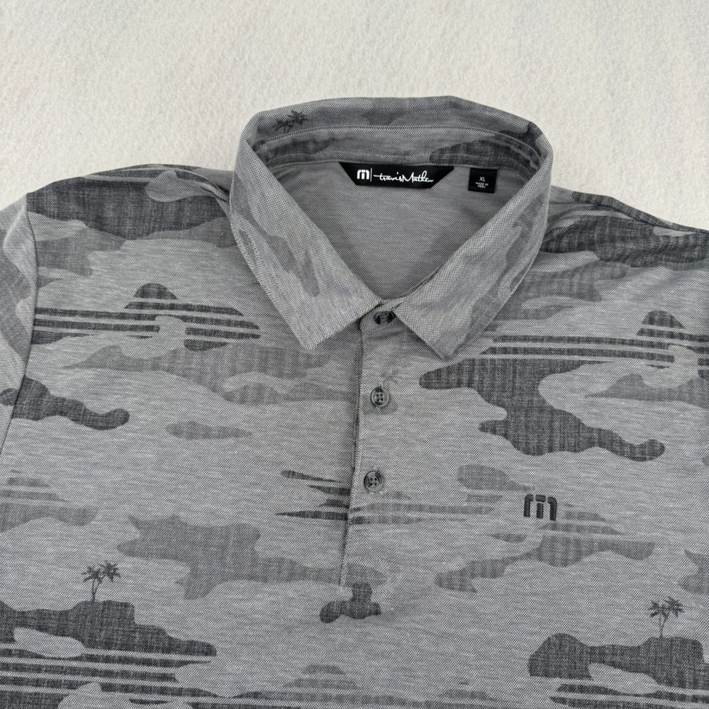 TravisMathew Mens XL Gray Camo Tropical Floral Pima Cotton Blend Golf Polo Shirt
